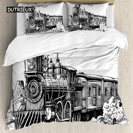 Bedding Sets Steam Engine Duvet Cover Set King Size Rustic Old Train In Country Locomotive Wooden Wagons Rail Road For Teens Boys