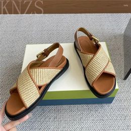 Casual Shoes Summer Round Toe Genuine Leather Thick Sole Sandals Woman Flats Cross Concise Back Strap Beach For Women 2024
