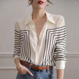 Women's Blouses Black White Printing Blouse Elegant Striped Chiffon Shirt With Lapel Collar Long Sleeves Loose Fit Single Breasted