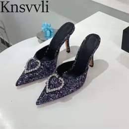 Slippers Bling High Heel Mules Shoes Women Sequined Cloth Pointy Toe Runway Pumps Crystal Slingbacks Party Wedding Woman