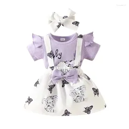 Clothing Sets 0-18Months Summer Born Baby Girl Short Sleeve Pit Stripe Elephant Print Bodysuit Sling Skirts With Hairband 3Pcs Outfits