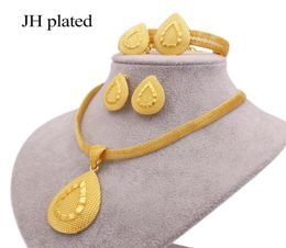 Earrings Necklace Gold Color 24K Jewelry Sets For Women African Bridal Wedding Gifts Party Water Drops Pendant Ring Bracelet Set4012031