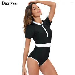 Women's Swimwear 2024 Short Sleeve One Piece Swimsuit Black White Patchwork Women Diving Clothes Surfing Beachwear Bathing Swimming Suit