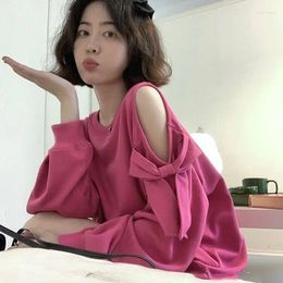 Women's Hoodies Kawaii Cute Off Shoulder Pink Sweatshirt Women Korean Preppy Fashion Long Sleeve Hoodie Sweet Bow Grey Loose T-shirts
