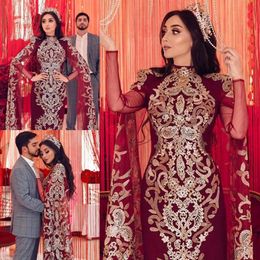 Red Sheath Prom Dresses High Neck Appliqued Beaded Long Sleeves Evening Gown Sweep Train Custom Made Muslim Formal Party Gowns 282E