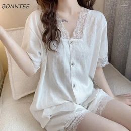 Women's Sleepwear Pyjama Sets Women Lace V-neck Button Up Thin Summer Elegant Retro Home Casual Fashion Soft Sweet Youth Ulzzang Mujer De