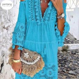 Casual Dresses Tassel Sexy Boho Long Dress Women Lace Fall Solid Hollow Out V-Neck Bohemian Style Vestidos Female