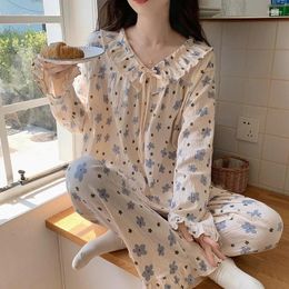 Home Clothing 2024 Autumn Long Sleeve Sexy Lace V-neck Cotton Print Pajama Sets For Women Korean Cute Sleepwear Pyjama Homewear Ladies