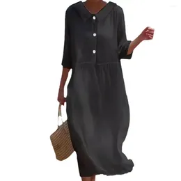 Casual Dresses Loose Summer Dress Long Elegant Doll Collar Midi For Women Chic Pleated Pullover With Button Detail