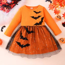 Girls' long-sleeved Bat Halloween Festival mesh dress