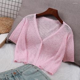 Women's Knits Summer Thin Knit Cardigan Sweater Women 2024 Shawl Sun Protection Short Sleeved Top Korean V-neck Lace Slim