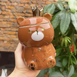 Mugs Creative Cartoon Personality Mug Crown Bear 3D Ceramic Cute Coffee Cup With Lid Spoon Drinking