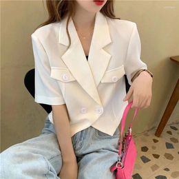 Women's Suits White Short Sleeve Blazer Jacket Ladies 2024 Summer Thin Buttons Notched Collar Suit Coat Women Wild Cropped Outwear Tops