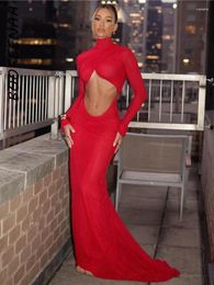 Casual Dresses BOOFEENAA Sexy Cut Out Backless Red Party Dress Women Elegant Luxury Turtleneck Long Sleeve Maxi Evening Gown C83-DD50