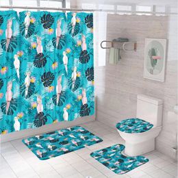 Shower Curtains Tropical Bird Parrot Bathroom Curtain Set Green Leaves Flower Summer Plant With Bath Mat Carpet Toilet Lid Cover