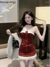 Casual Dresses 2024 Christmas Red Temperament Strapless Dress Women Winter Fur Patchwork Sexy Hip Wrapped Skirt