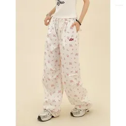 Women's Pants QWEEK Y2k Coquette Flower Print Cargo Women Baggy Korean Wide Leg Vintage White Trousers America High Waist Aesthetic