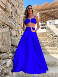 Casual Dresses Sexy Hollow Out Waistless Long Dress For Women Solid Colour Spaghetti Strap Sleeveless Skirt 2024 Summer Holiday 2Pcs Clothes