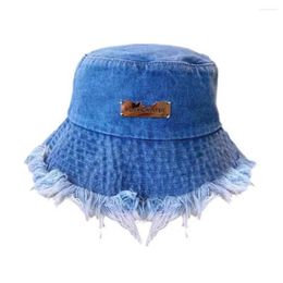 Berets Outdoor Bucket Hat Stylish Distressed Denim With Brim Anti-uv Protection For Women Fashionable Sun Cap Hiking