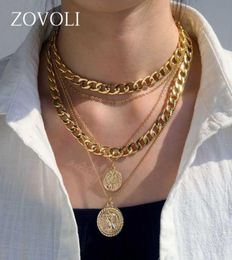 ZOVOLI Punk Vintage Layered Portrait Coin Pendan Necklace Set Chunky Thick Cuban Link Chains Choker Necklaces For Women Jewlery6879865