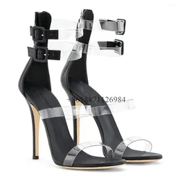 Sandals Transparents Black Round Toe Summer Women With Belt Buckle Stiletto High Heels Back Zipper Design Large Size Shoes