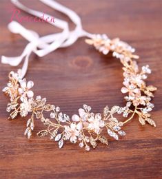 Gold Floral Crystal Bridal Wedding Head Piece Bride Headwear Headband Hair Band 100Handmade Women Party Hair Accessories RE3033 W9823097