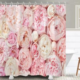 Shower Curtains 1Pcs Pink Flower Printing Waterproof Curtain Rose Flowers Wall Bathroom Decorative With Plastic Hooks