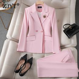 ZJYT Office Lady Formal Blazer Pants Suits 2 Piece Matching Set Women Conjunto Para Mujeres Work Wear Trousers Sets Pink Outfit 240423