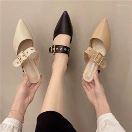 Slippers Women Pointed Toe Mid Heels 7 CM Mules Pu Leather Slip On Metal Buckle Summer Female Sandals 2024 Shoes Woman