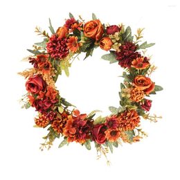 Decorative Flowers Simulation Rose Wreath Thanksgiving Garland Wall Hanging Door Fall Props Simulated Flower Bamboo Decor