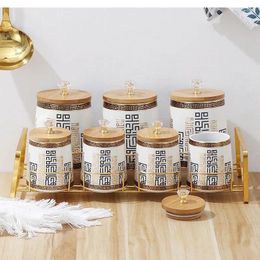 Storage Bottles Bamboo Lid Crystal Beads Ceramic Sealed Seasoning Box Kitchen Organiser And Container Metal Frame 7-piece Set