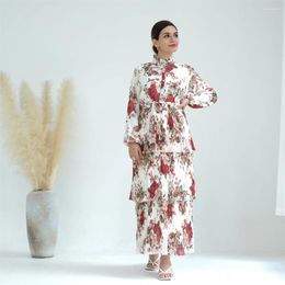 Ethnic Clothing Vintage Print Muslim Women Pleated Long Sleeve Maxi Dress Turkey Arabic Kaftan Robe Islamic Eid Ramadan Party Femme Vestido