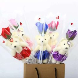 Rose Artificial Flower Simulation Soap Bear for Valentines Day Party Single Bouquet Gift FY2448 SS1205