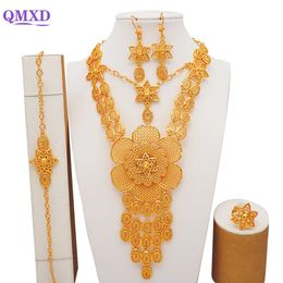 Fashion Wedding Jewelry Set Dubai Ethiopian Gold Color African Chokers Necklace Earrings Ring Bridal Party Gifts 240506