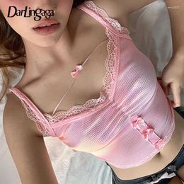 Women's Tanks Coquette Sweet Lace Trim Summer Camis Tops Mini Bow Knit Fold Pink Korean Fashion Women Crop Cute Y2K Outfits
