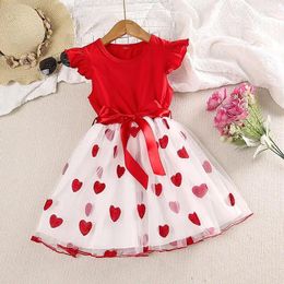 Girl Dresses Kids Dress 4-7 Years Red Wing-Sleeve Heart Pattern Patchwork Tulle Baby Birthday Party Festival Costume