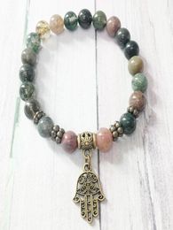 MG0411 Simple Design Natural Stone Bracelet for Women 8 mm Fancy Beads Hamsa Charm Bracelet Indian Agate Energy Jewelry6215032