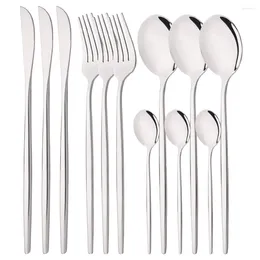 Dinnerware Sets 12Pcs Mirror Silver Tableware Set Stainless Steel Cutlery Western Dinner Knife Fork Spoon Teaspoons Kitchen