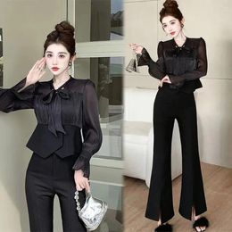 Women's Two Piece Pants Spring Summer Fashion Set Women Outfit Elegant Bow Shirt Tops Slim Flare Casual Office Ladies Trouser Suit