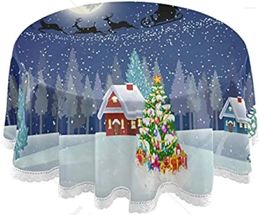 Table Cloth Snow Town Landscape Christmas Round Tablecloth 60 Inch Circle Cover Circular Tabletop Fabric With Trim Ribbon