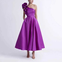 Basic Casual Dresses Cocktail dress purple one shoulder sleeveless strapless A-Line pocket satin elegant pleats simple dress party dressL2405