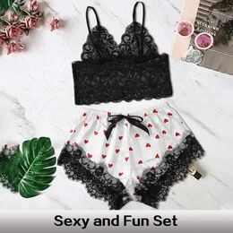Home Clothing Women's Summer Pajama Set With Lace Strapless Suspender V-Neck Top Bow Cute Small Fresh Printed Shorts For Wear