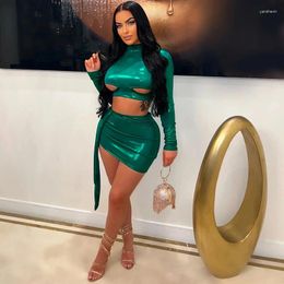 Work Dresses Two Piece Set Women Candy Green Slim Fit Outfits Sexy Long Sleeve Cut Out Crop Top High Waist Lace Up Mini Skirt 2024 Spring