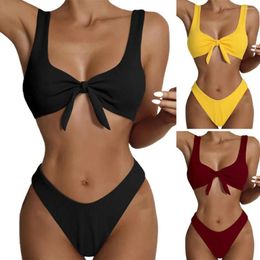 Women's Swimwear Wide Shoulder Straps Front Knot Solid Colour Sexy Bikini Triangle Bra High Waist Briefs Swimsuit For Swimming Pool