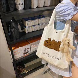 Shoulder Bags Cute Cartoon Prints Canvas Handbags For Ladies Embroidered Cloth Patch Female Underarm Large Capacity Girls Casual Tote