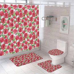 Shower Curtains Red Rose Flower Curtain Set Non-Slip Rug Toilet Lid Cover Bath Mat Waterproof Polyester Fabric Bathroom 12 Hooks