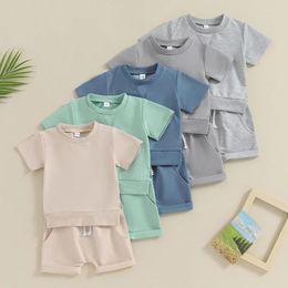 Clothing Sets 0-36months Unisex Baby Summer Set Short Sleeve Side Slit Solid Color Tops Folded Hem Shorts Loose Toddler Boys And Girls