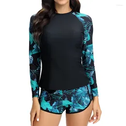 Women's Swimwear Long Sleeve Rashguard Retro Floral Print Quick-drying Shirt Surfing Top Hiking Shirts Rash Guard Bottom Set