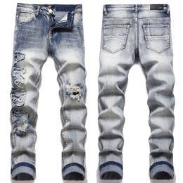 Designer Purple Am iri jeans elastic 4 seasons stitching cotton bomb embroidery cave printed men's European American jeans