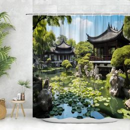 Shower Curtains Chinese Garden Curtain Arch Green Plants Bridge River Bamboo Scenic Road Pond Pavilion Printed Bathroom Decoration